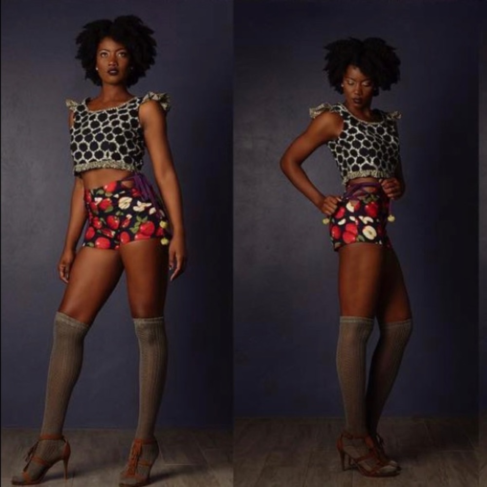 NWT Afrofunkk Lace Up Cherry Print High Waist Shorts sz 12